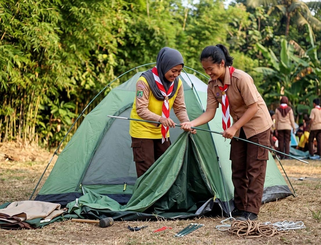Deretan tenda kubah berwarna cerah berdiri di lapangan rumput dengan latar perbukitan hijau pada pagi hari
