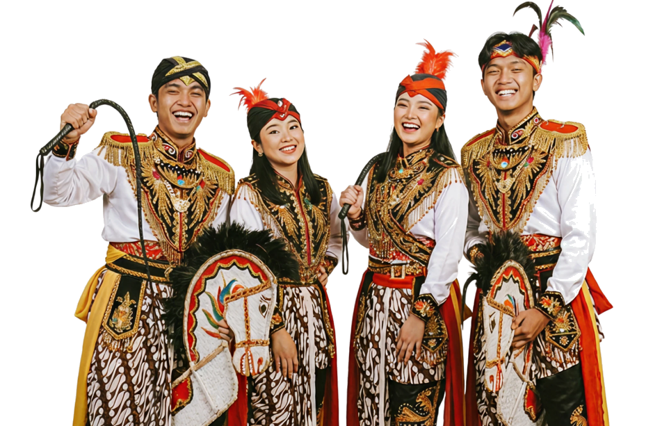Empat siswa mengenakan busana adat tradisional Indonesia lengkap dengan hiasan kepala berbulu dan kain batik, tersenyum bersama dalam program Cultural Exchange Visit