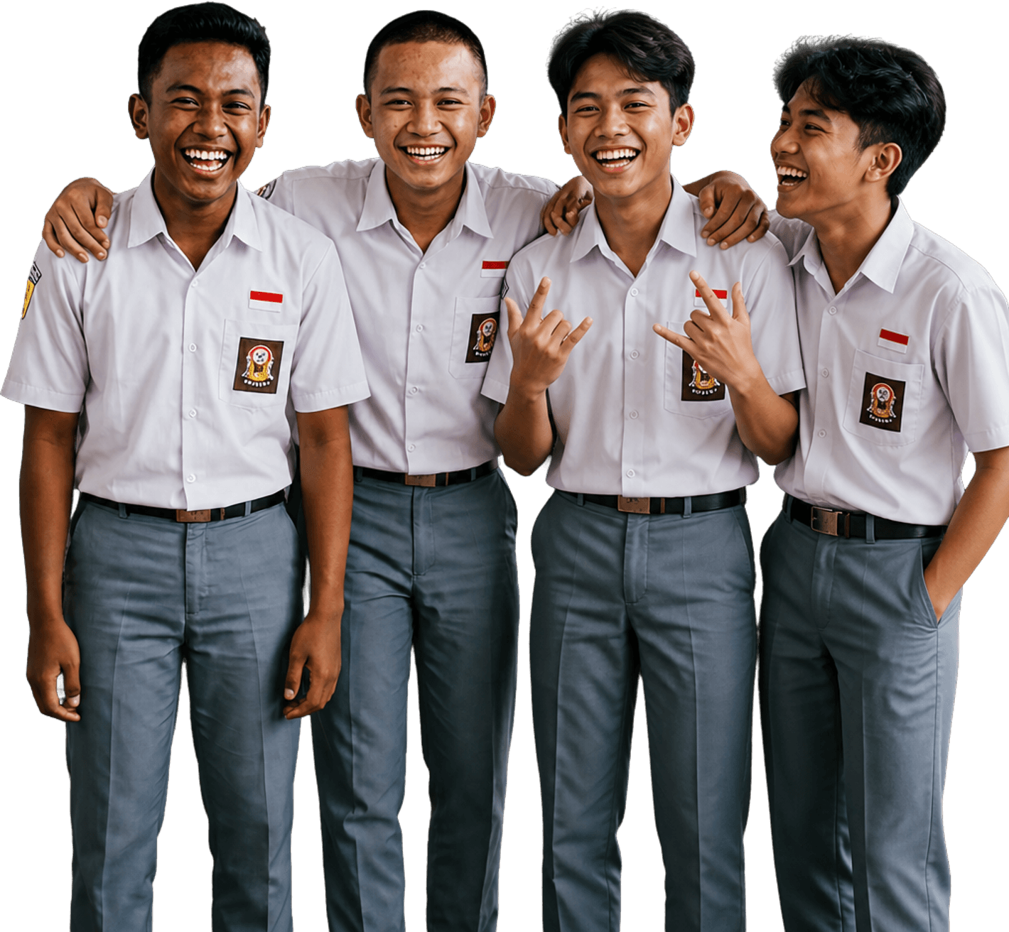 Empat siswa laki-laki mengenakan seragam sekolah putih abu-abu, tertawa dan merangkul bersama dalam program Outbound & Leadership
